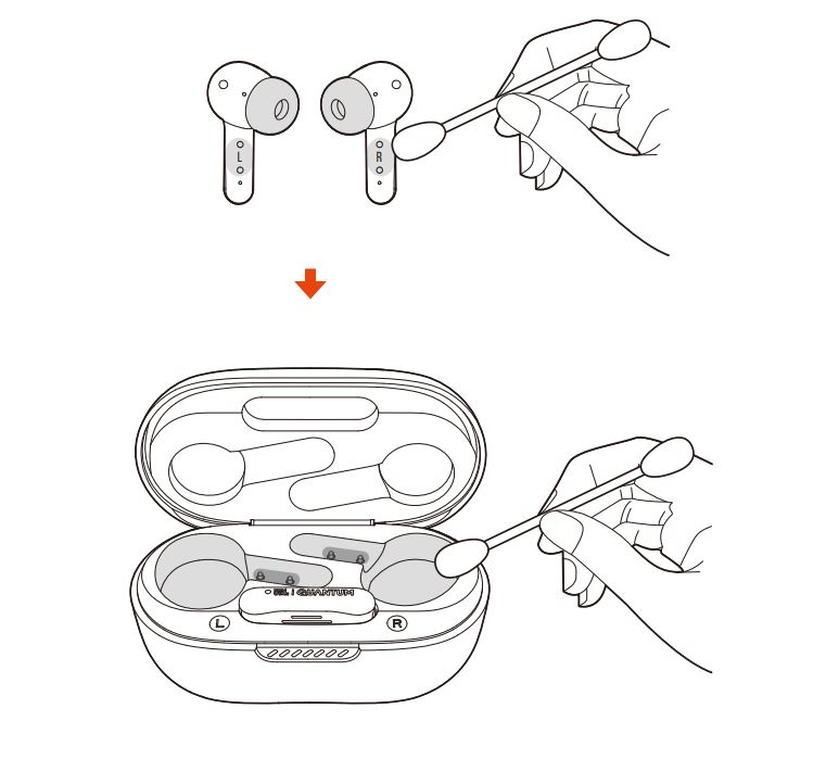 removing excess dirt from the contact pins and mesh panels on earbuds 